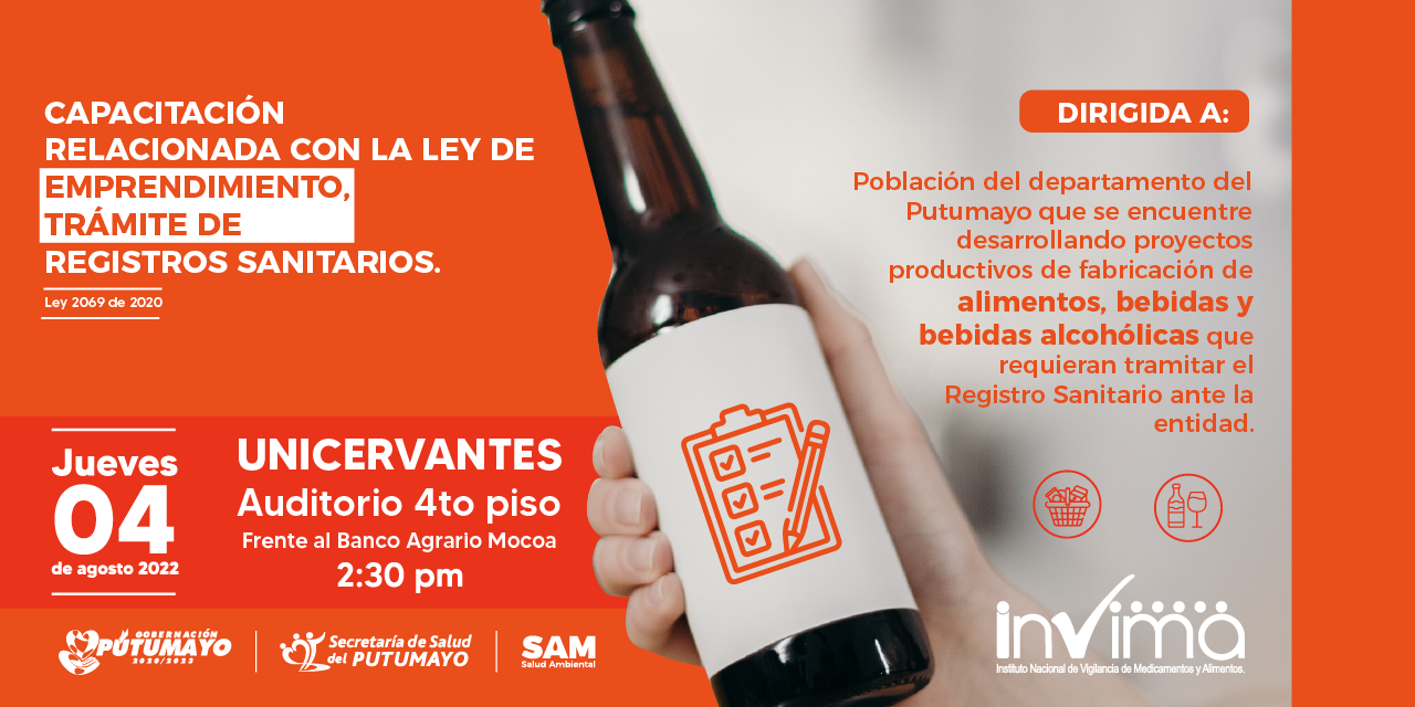 Invitación a emprendedores del sector de alimentos y bebidas alcohólicas a capacitación en la ley de emprendimiento para trámite de registros sanitarios.